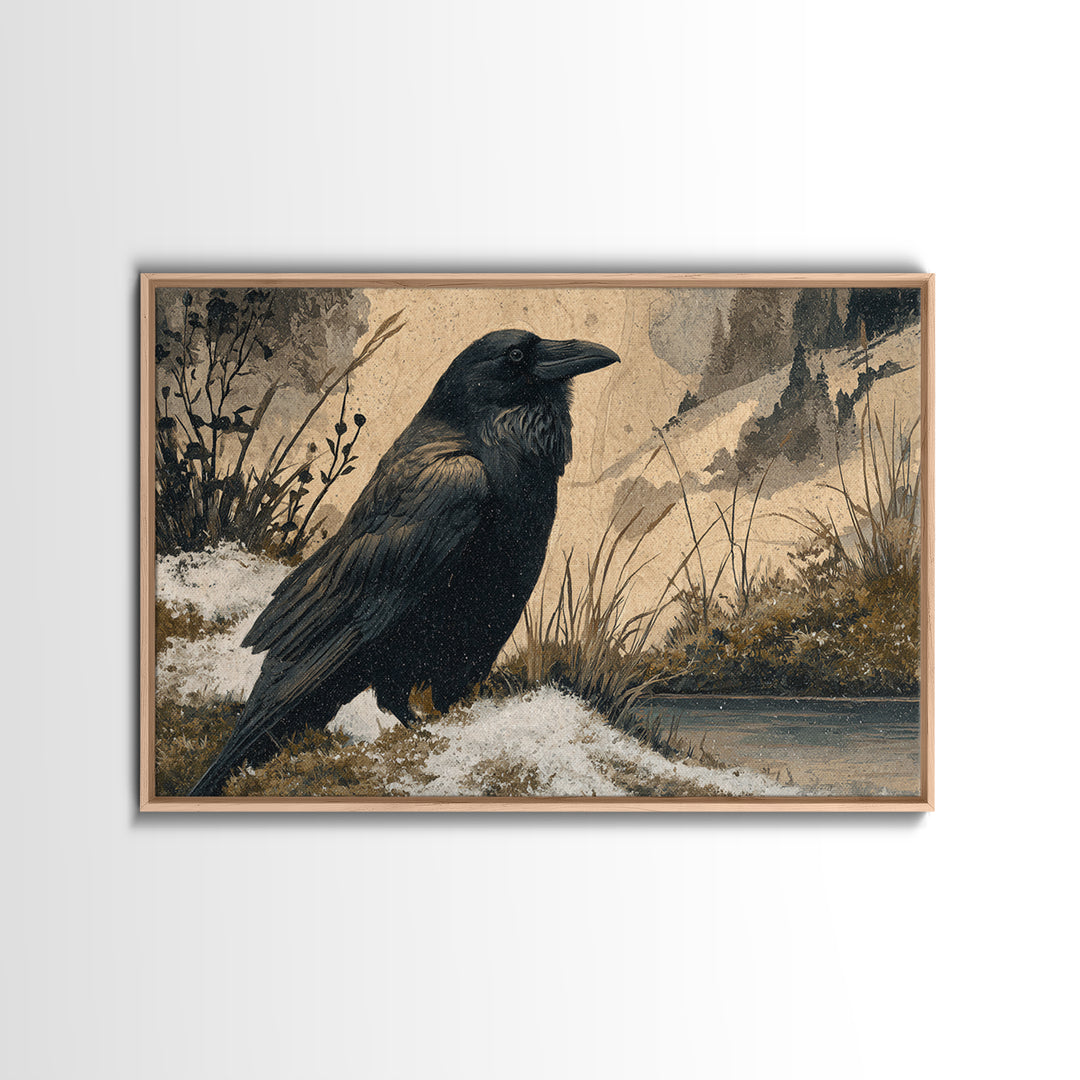 Raven Silhouette with Gothic Atmosphere Framed Canvas Print, Bird Art, Living Room Decor, Watercolor Art, Flight, BIR-3x2-13