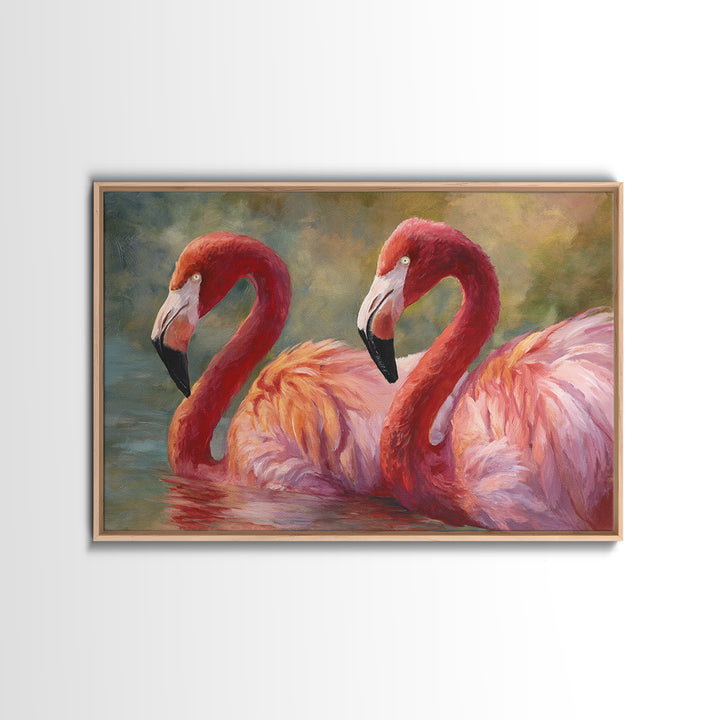 Flamingo Pair in Coral Water Reflections Framed Canvas Print, Bird Art, Original Art, Living Room Decor, Fine Art, Flight, BIR-3x2-14