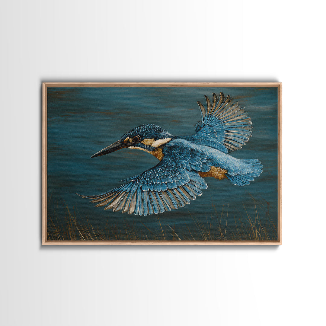 Kingfisher Diving Toward Blue Water Framed Canvas Print, Bird Art, Printable Art, Living Room Decor, Fine Art, Flight, BIR-3x2-15