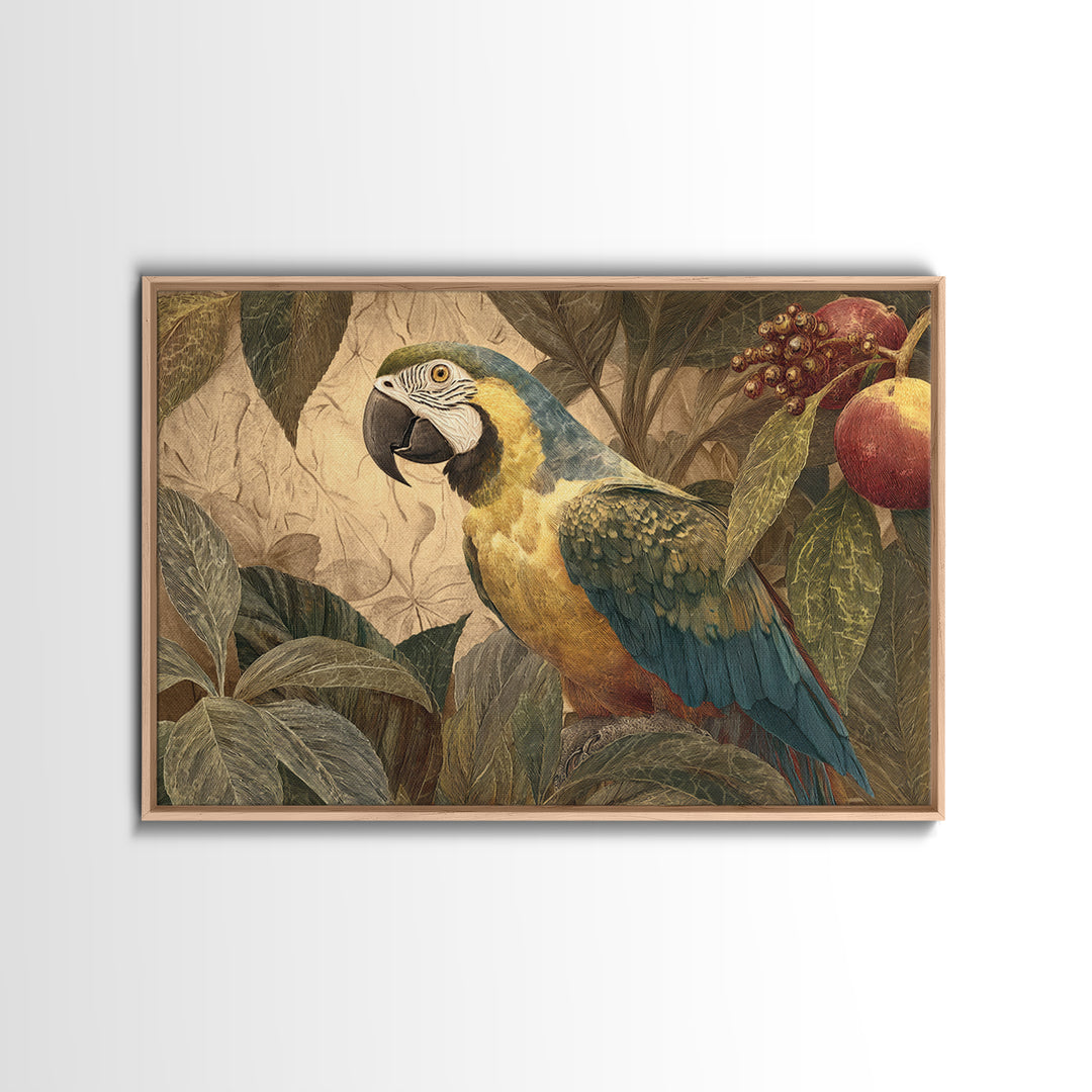 Parrot Among Tropical Leaves and Fruit Canvas Print, Bird Art, Modern Art, Living Room Decor, Fine Art, Flight, Floral Art, BIR-3x2-17