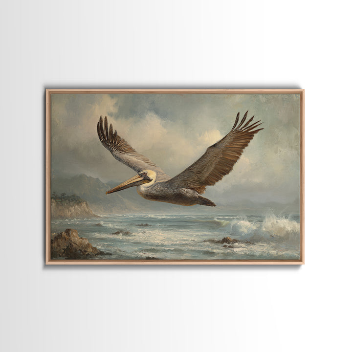 Pelican Flying over Coastal Waves Canvas Print, Bird Art, Printable Art, Living Room Decor, Oil Painting, Flight, BIR-3x2-22