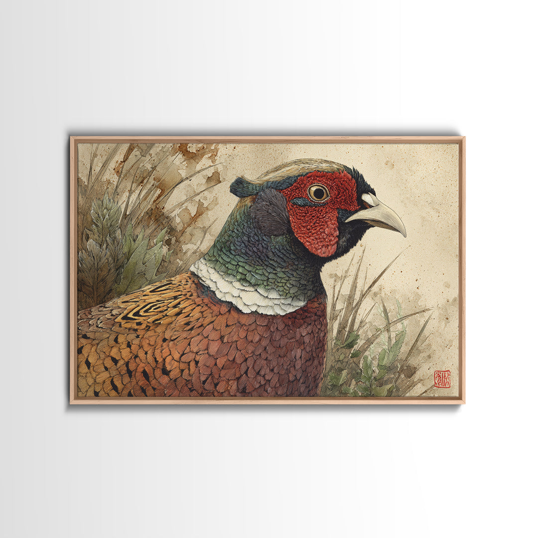 Pheasant with Ornate Feather Details Framed Canvas Print, Bird Art, Modern Art, Living Room Decor, Fine Art, Flight, Floral Art, BIR-3x2-23