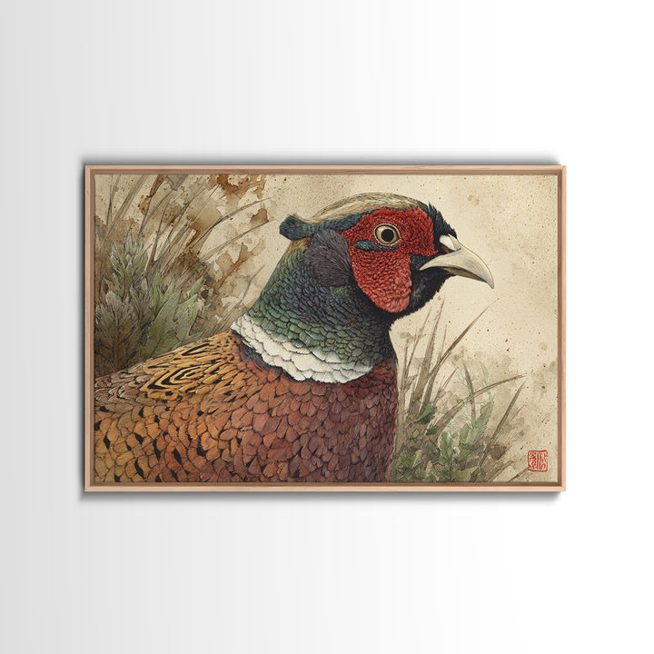 Pheasant with Ornate Feather Details Framed Canvas Print, Bird Art, Modern Art, Living Room Decor, Fine Art, Flight, Floral Art, BIR-3x2-23