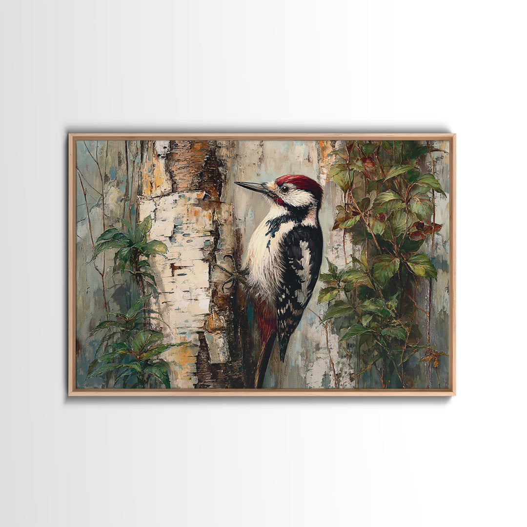 Woodpecker on Birch Bark Texture Framed Canvas Print, Bird Art, Gallery Wall, Living Room Decor, Abstract Art, Flight, BIR-3x2-25
