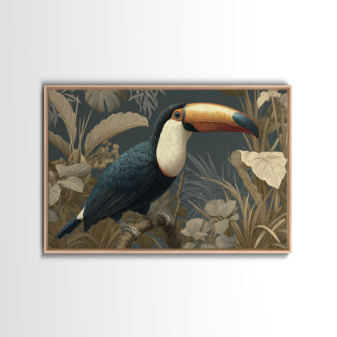 Toucan Framed by Bold Jungle Foliage Framed Canvas Print, Bird Art, Mcm Decor, Living Room Decor, Flight, Neutral Decor, BIR-3x2-27