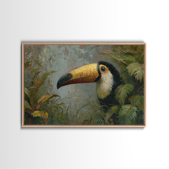 Toucan Framed by Bold Jungle Foliage Canvas Print, Bird Art, Modern Wall Art, Living Room Decor, Flight, Bird Wall Art, BIR-3x2-3
