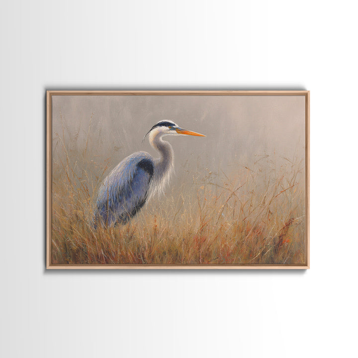 Blue Heron in Misty Marsh Grass Canvas Print, Bird Art, Modern Art, Living Room Decor, Flight, Floral Art, Forest Wall Art, BIR-3x2-30