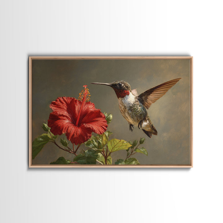 Hummingbird Hovering Beside Bright Hibiscus Canvas Print, Bird Art, Botanical Wall Art, Living Room Decor, Fine Art, Flight, BIR-3x2-32