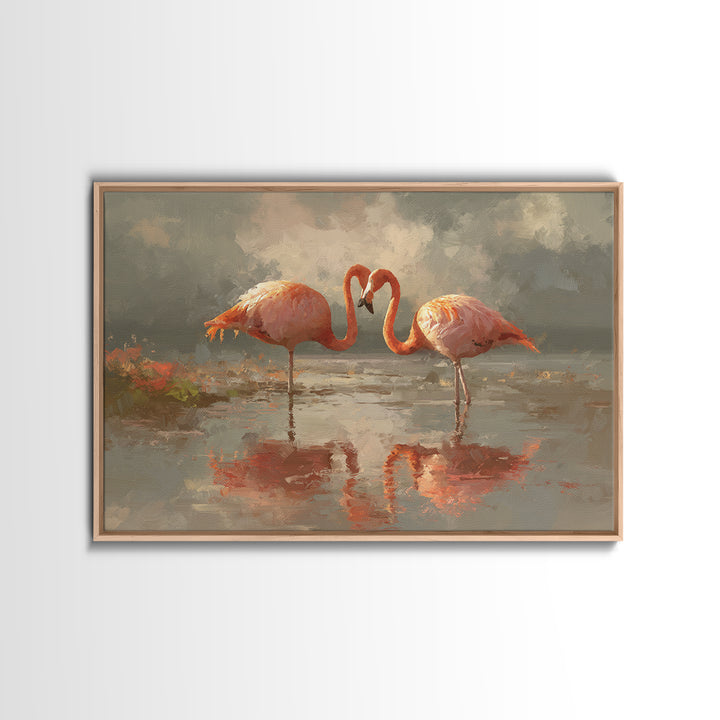 Flamingo Pair in Coral Water Reflections Canvas Print, Bird Art, Japanese Wall Art, Living Room Decor, Fine Art, Flight, BIR-3x2-38