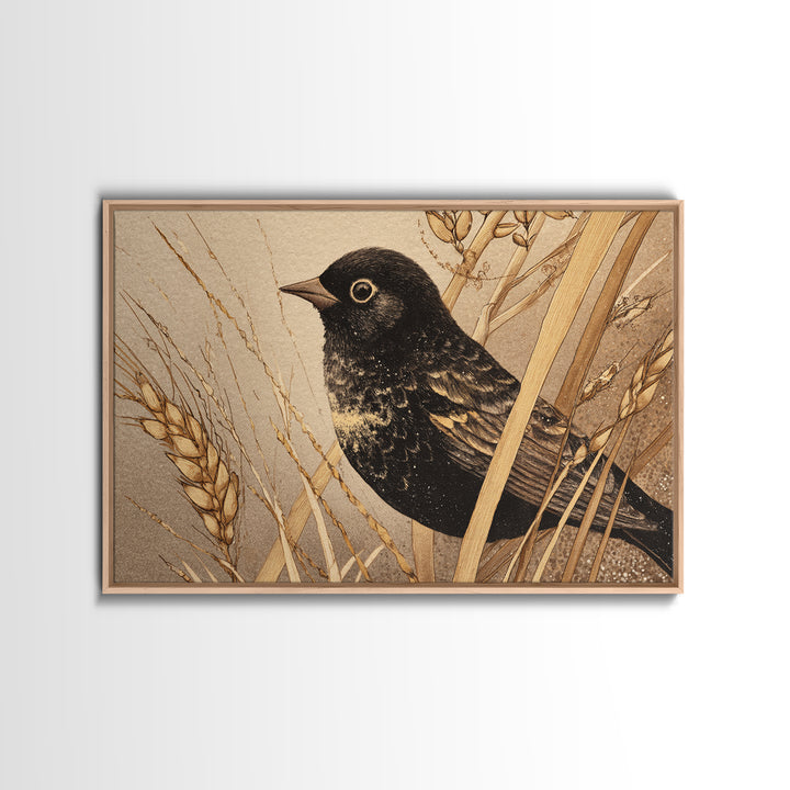 Blackbird on Gold Wheat Field Canvas Print, Bird Art, Mid Century Modern, Living Room Decor, Oil Painting, Flight, BIR-3x2-4