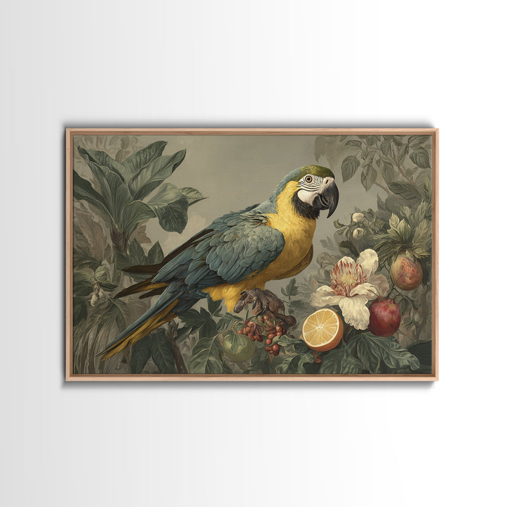 Parrot Among Tropical Leaves and Fruit Framed Canvas Print, Bird Art, Digital Download Art, Living Room Decor, Watercolor Art, BIR-3x2-41