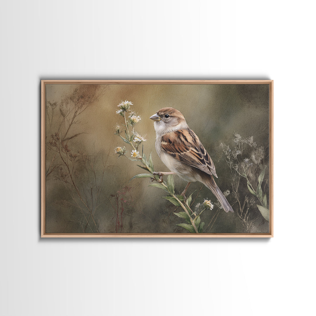 Small Sparrow on Wildflower Stem Canvas Print, Bird Art, Modern Wall Art, Living Room Decor, Watercolor Art, Flight, BIR-3x2-42