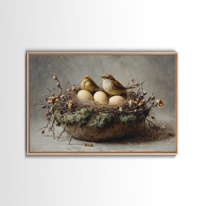 Bird Nest with Eggs and Delicate Twigs Framed Canvas Print, Bird Art, Living Room Decor, Oil Painting, Flight, BIR-3x2-50