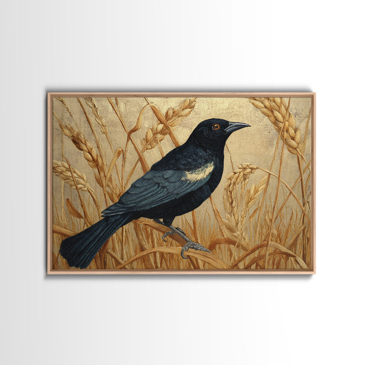Blackbird on Gold Wheat Field Canvas Print, Bird Art, Modern Art, Living Room Decor, Abstract Art, Flight, Floral Art, BIR-3x2-52