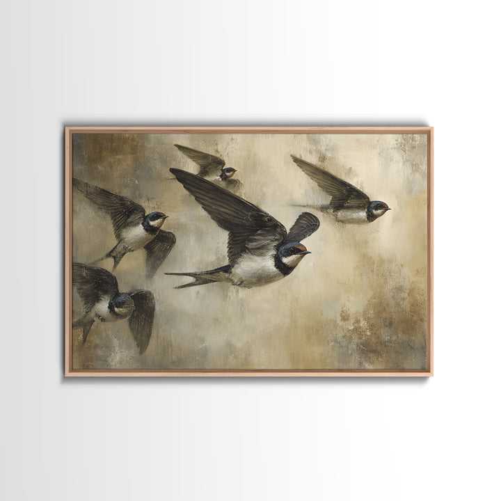 Flock of Swallows Sweeping Across Open Sky Canvas Print, Bird Art, Botanical Wall Art, Living Room Decor, Watercolor Art, BIR-3x2-58
