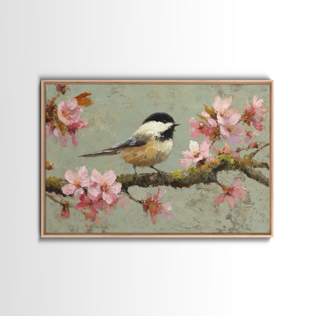 Songbird Perched on Cherry Blossoms Framed Canvas Print, Bird Art, Forest Wall Art, Living Room Decor, Fine Art, Flight, BIR-3x2-60
