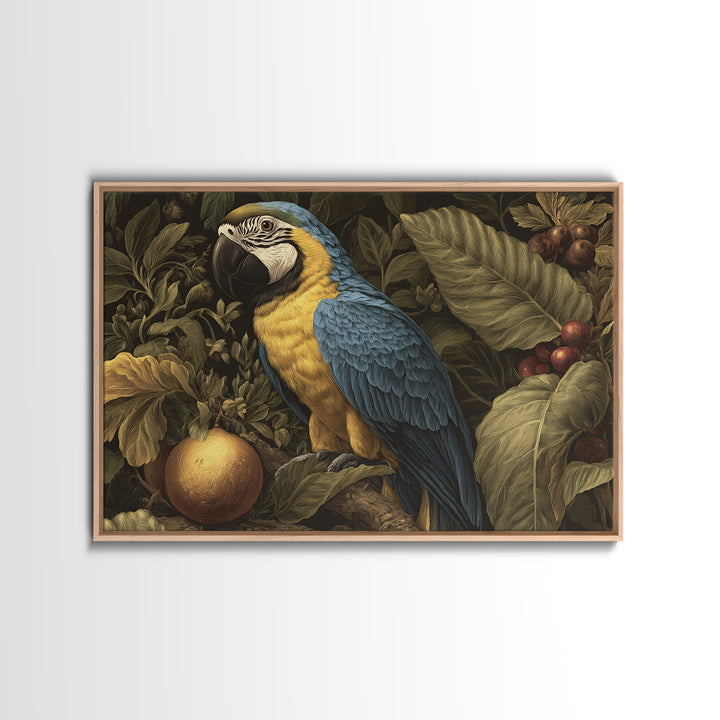 Parrot Among Tropical Leaves and Fruit Framed Canvas Print, Bird Art, Digital Download Art, Living Room Decor, Watercolor Art, BIR-3x2-65