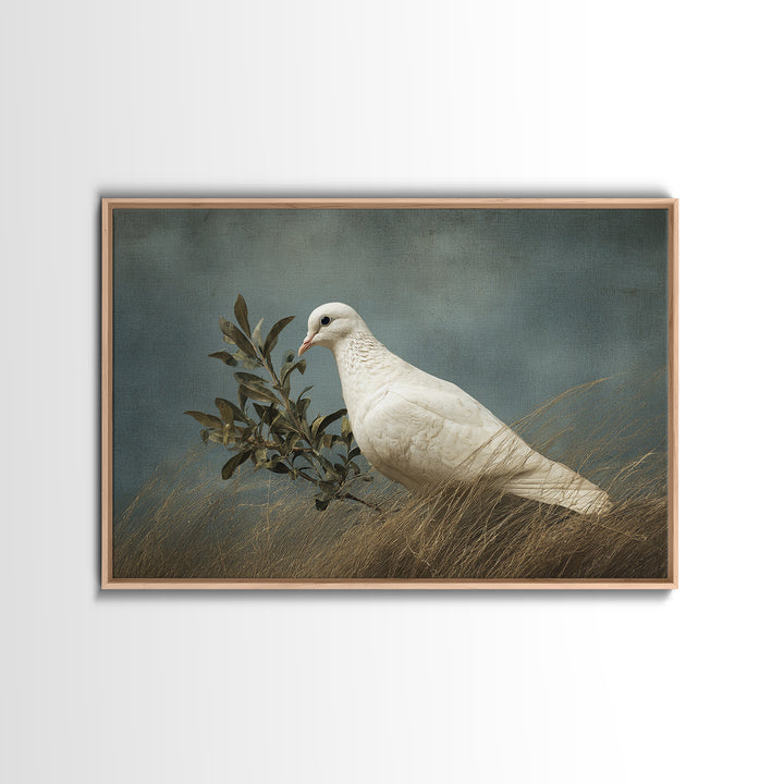 White Dove with Olive Branch and Calm Canvas Print, Bird Art, Neutral Decor, Living Room Decor, Oil Painting, Flight, BIR-3x2-68