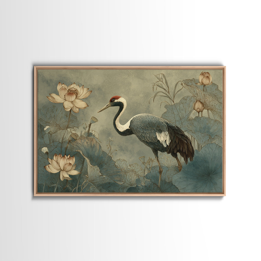 Crane and Lotus Composition Framed Canvas Print, Bird Art, Nature Prints, Living Room Decor, Fine Art, Flight, Boho Decor, BIR-3x2-69