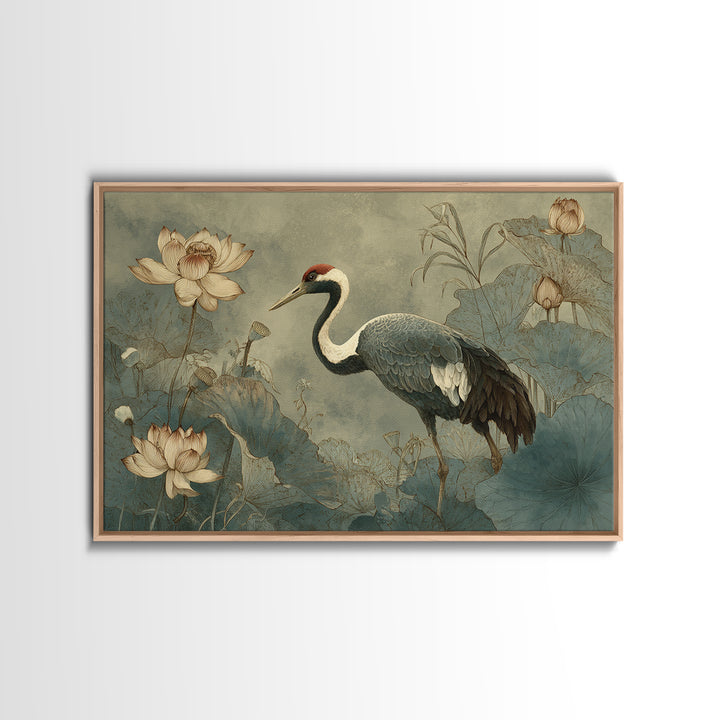 Crane and Lotus Composition Framed Canvas Print, Bird Art, Nature Prints, Living Room Decor, Fine Art, Flight, Boho Decor, BIR-3x2-69