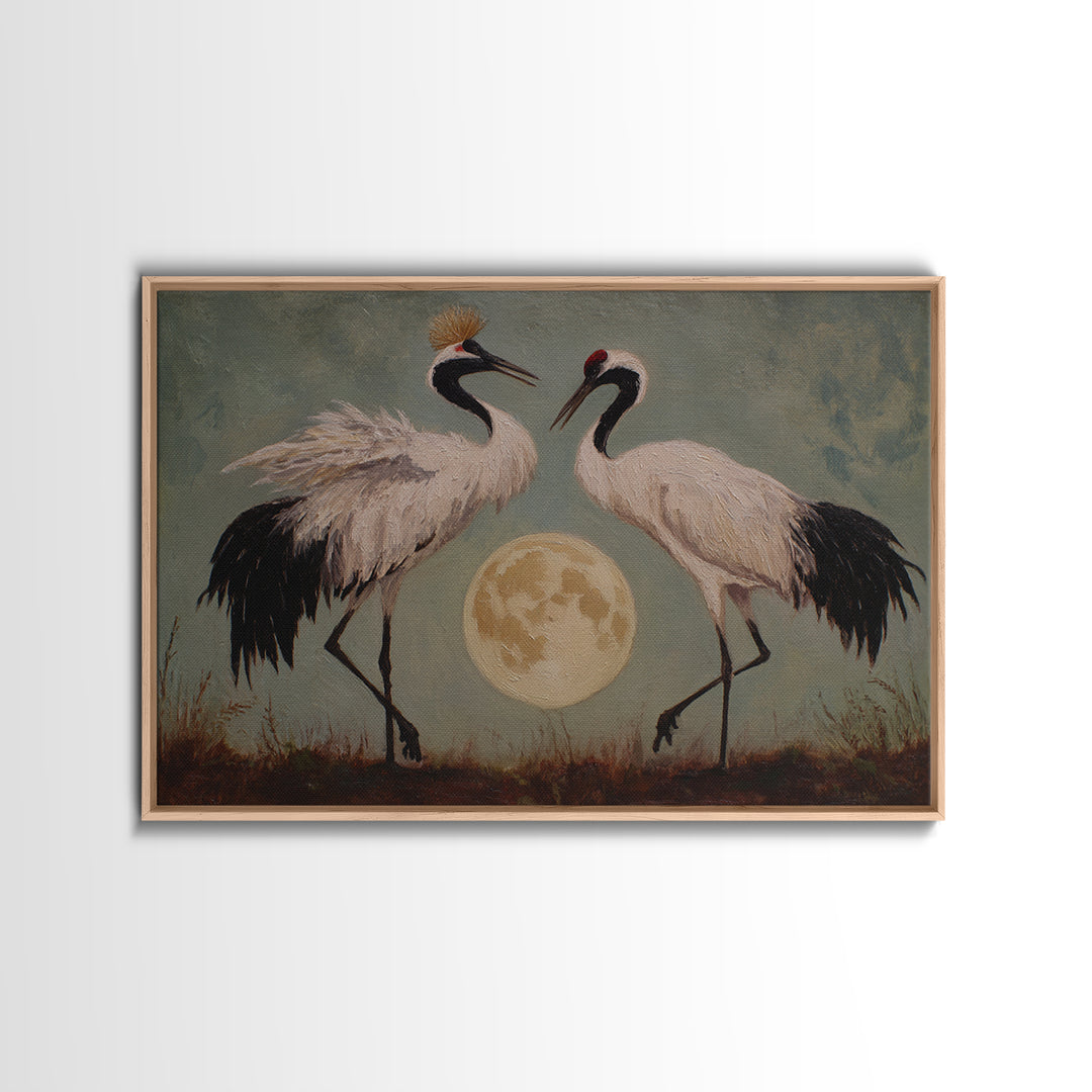 Pair of Cranes Dancing Framed Canvas Print, Bird Art, Home Decor, Living Room Decor, Abstract Art, Flight, Modern Wall Art, BIR-3x2-7