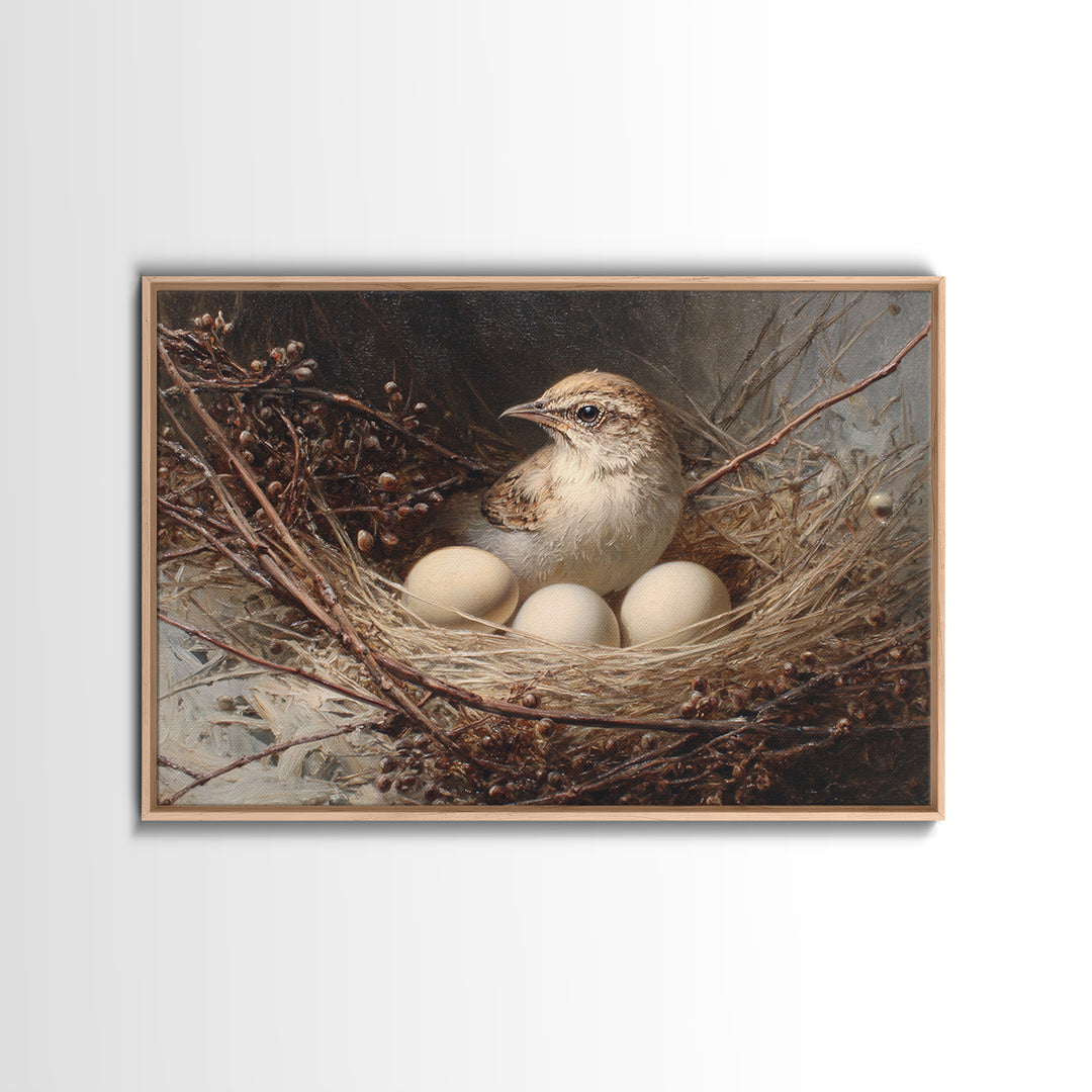 Bird Nest with Eggs and Delicate Twigs Framed Canvas Print, Bird Art, Living Room Decor, Oil Painting, Flight, BIR-3x2-74
