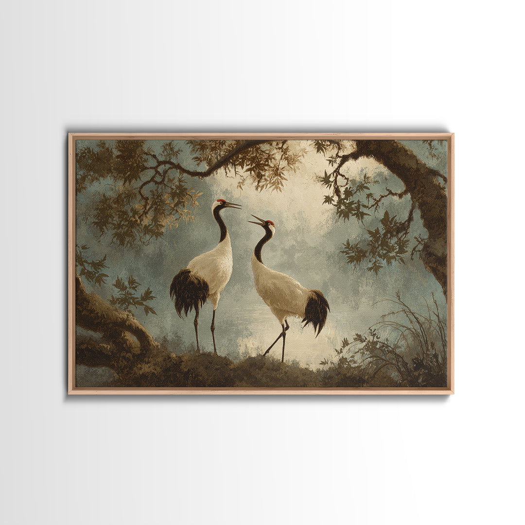 Pair of Cranes Dancing Framed Canvas Print, Bird Art, Bird Wall Art, Living Room Decor, Watercolor Art, Flight, Art Print, BIR-3x2-79