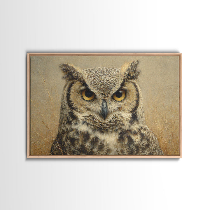 Owl Portrait with Wise Golden Eyes Framed Canvas Print, Bird Art, Bird Wall Art, Living Room Decor, Oil Painting, Flight, BIR-3x2-81
