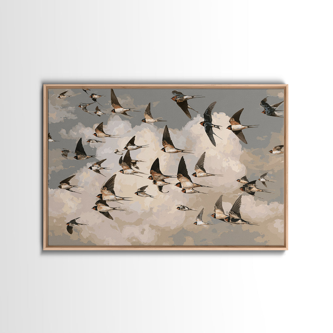 Flock of Swallows Sweeping Across Open Sky Framed Canvas Print, Bird Art, Nature Prints, Living Room Decor, Oil Painting, BIR-3x2-82