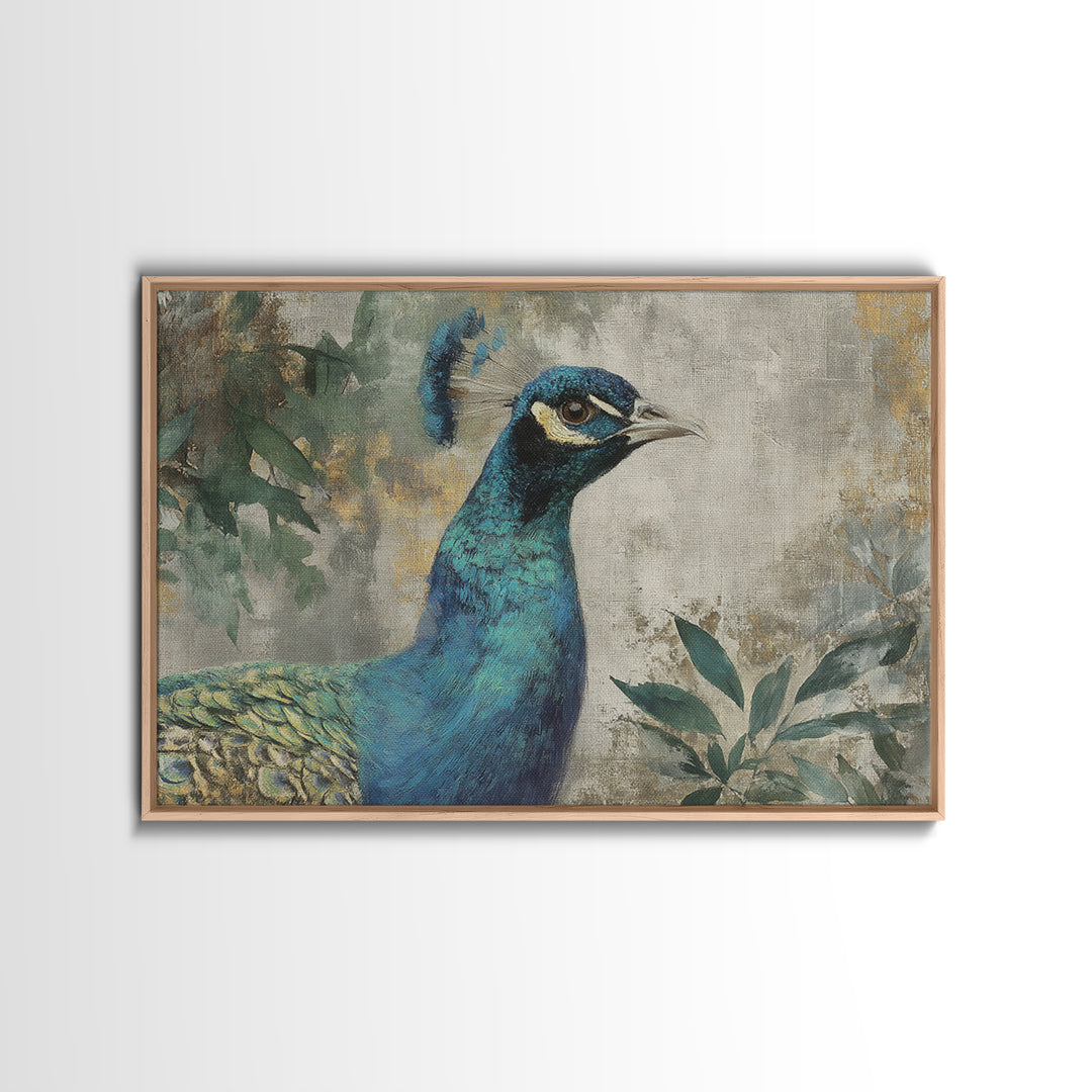 Peacock with Jewel Tone Feather Pattern Canvas Print, Bird Art, Wall Art, Living Room Decor, Flight, Japanese Wall Art, BIR-3x2-83