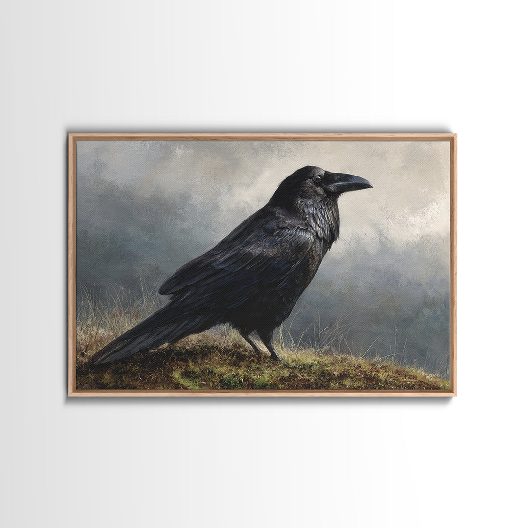 Raven Silhouette with Gothic Atmosphere Framed Canvas Print, Bird Art, Nature Wall Art, Living Room Decor, Fine Art, Flight, BIR-3x2-85