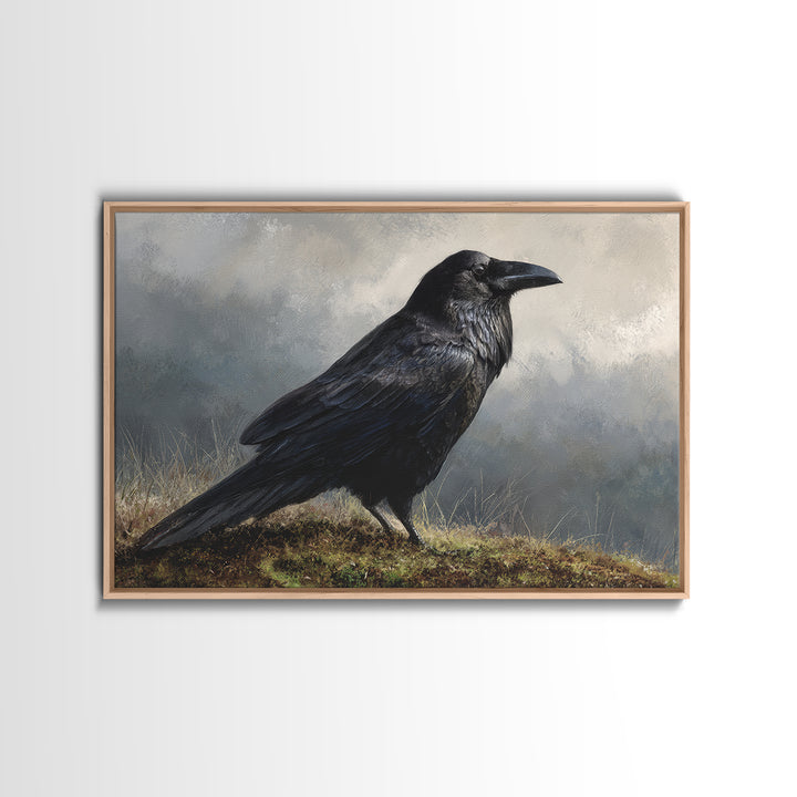 Raven Silhouette with Gothic Atmosphere Framed Canvas Print, Bird Art, Nature Wall Art, Living Room Decor, Fine Art, Flight, BIR-3x2-85