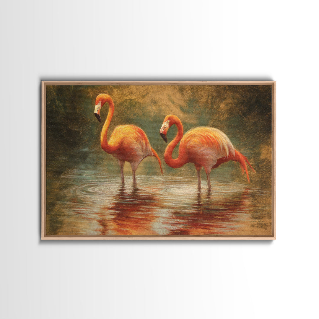 Flamingo Pair in Coral Water Reflections Framed Canvas Print, Bird Art, Gallery Wall, Living Room Decor, Fine Art, Flight, BIR-3x2-86