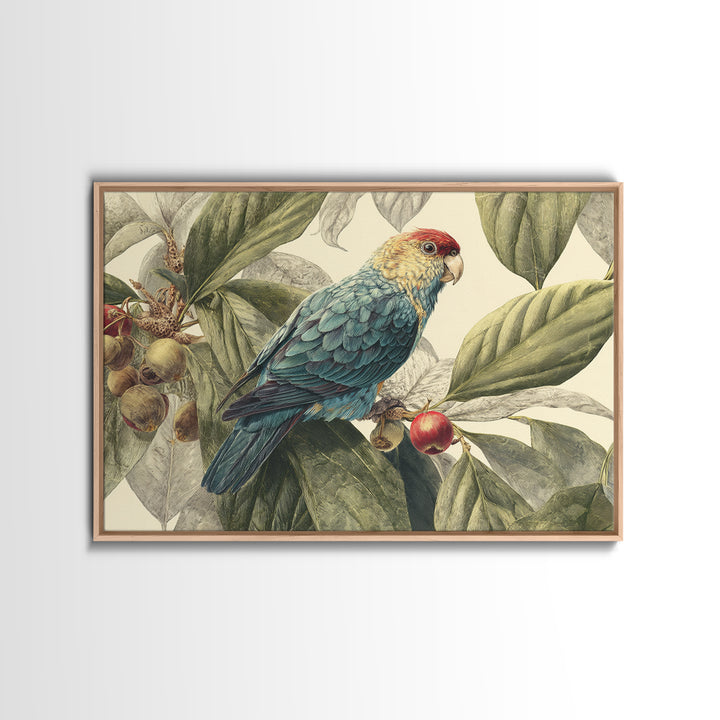 Parrot Among Tropical Leaves and Fruit Canvas Print, Bird Art, Rustic Home Decor, Living Room Decor, Oil Painting, Flight, BIR-3x2-89