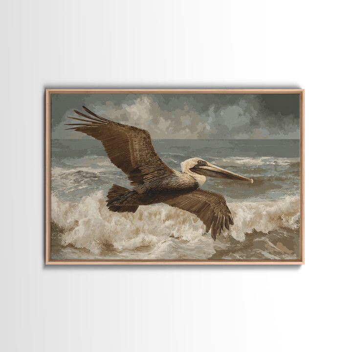 Pelican Flying over Coastal Waves Canvas Print, Bird Art, Bird Prints, Living Room Decor, Abstract Art, Flight, Modern Decor, BIR-3x2-94