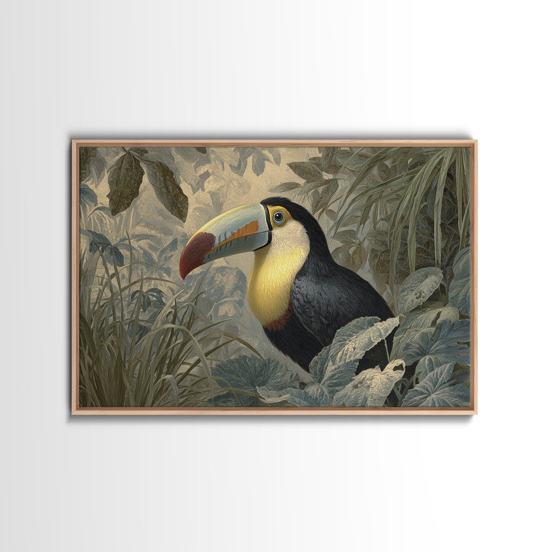 Toucan Framed by Bold Jungle Foliage Framed Canvas Print, Bird Art, Minimalist Decor, Living Room Decor, Fine Art, Flight, BIR-3x2-99