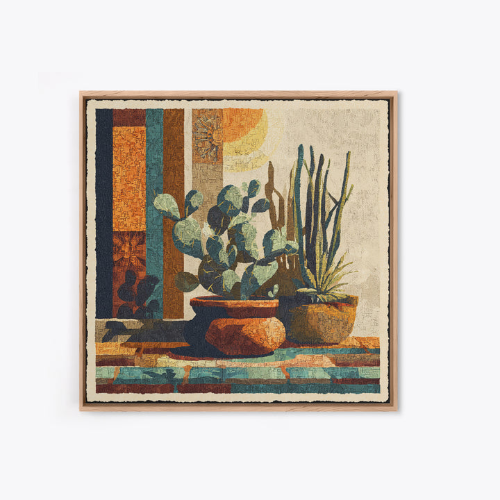 Desert Sun with Cactus and Warm Clay Framed Canvas Print, Boho Art, Textured Painting, Living Room Decor, Fine Art, Bohemian, BOH-1x1-1