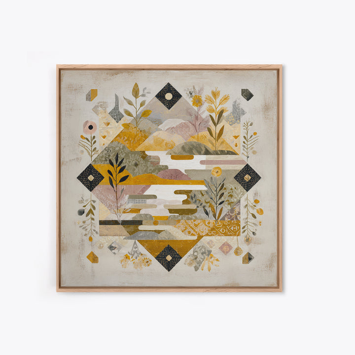 Earth Tone Mountain and River Abstraction Framed Canvas Print, Boho Art, Art Nouveau, Living Room Decor, Fine Art, Bohemian, BOH-1x1-11