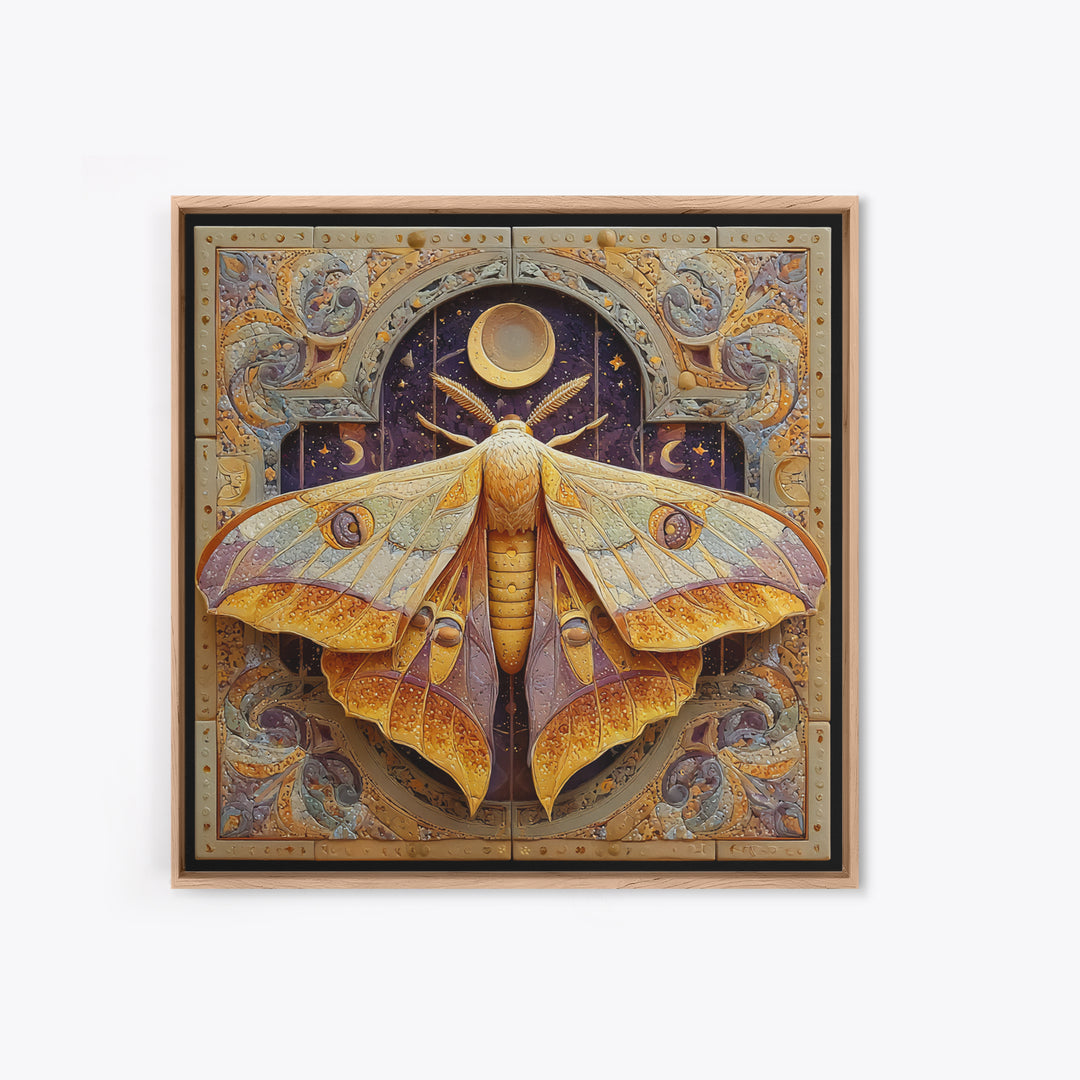 Golden Moth with Moon and Stars Canvas Print, Boho Art, Luxury Decor, Living Room Decor, Fine Art, Bohemian, Digital Art, BOH-1x1-17
