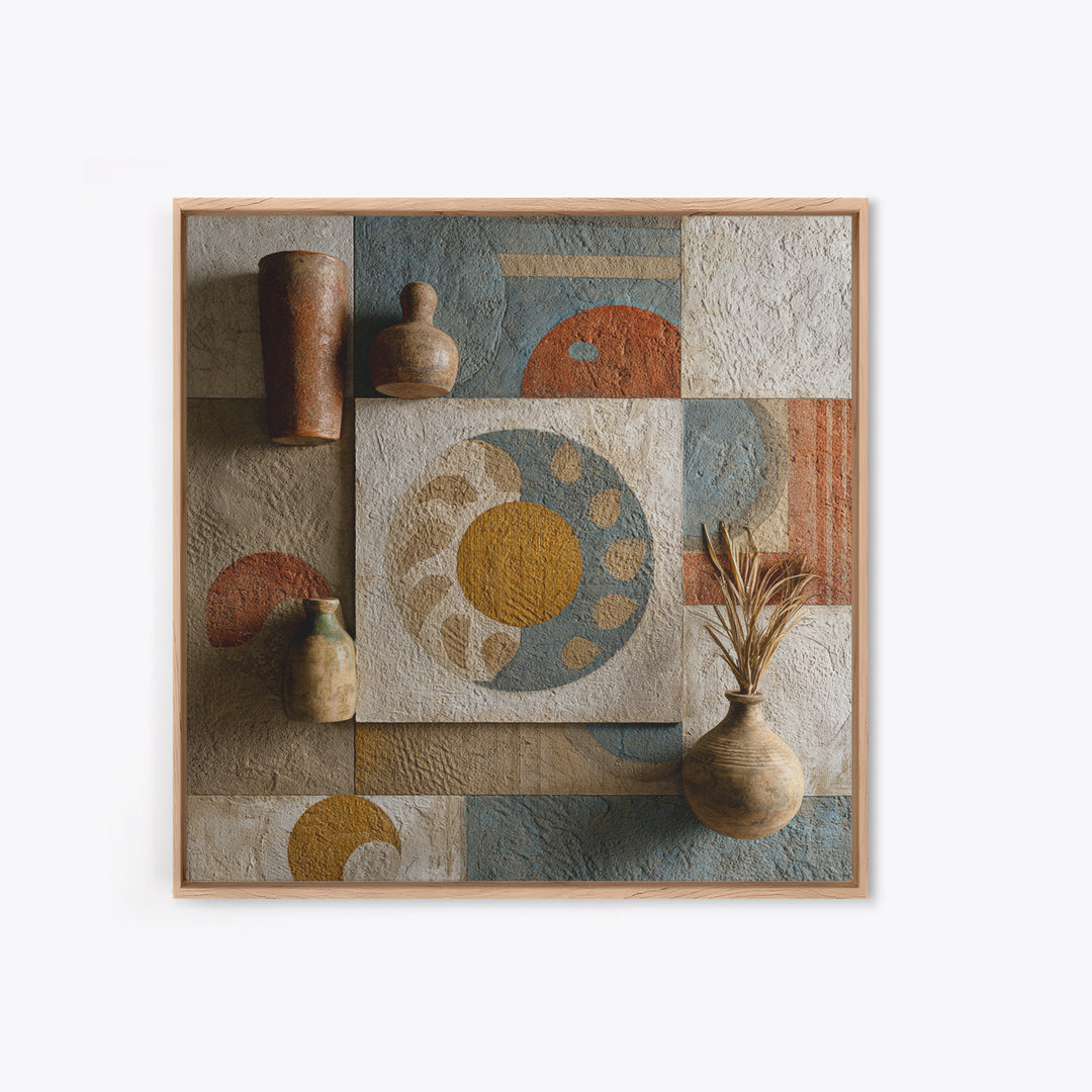 Sun and Moon Celestial Folk Motif Framed Canvas Print, Boho Art, Fine Art Print, Living Room Decor, Watercolor Art, Bohemian, BOH-1x1-34