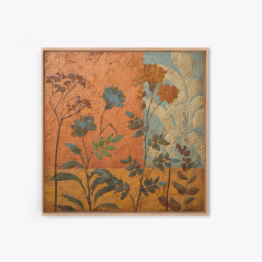 Burnt Orange Floral Field at Sunset Framed Canvas Print, Boho Art, Contemporary Art, Living Room Decor, Fine Art, Bohemian, BOH-1x1-37