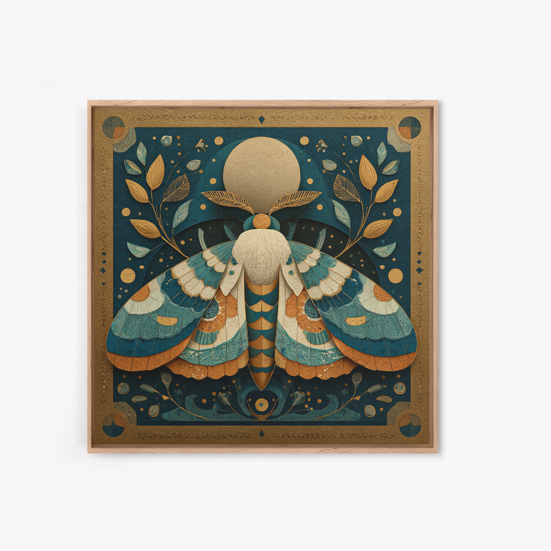 Golden Moth with Moon and Stars Framed Canvas Print, Boho Art, Wall Art, Living Room Decor, Fine Art, Bohemian, Art Deco, BOH-1x1-41