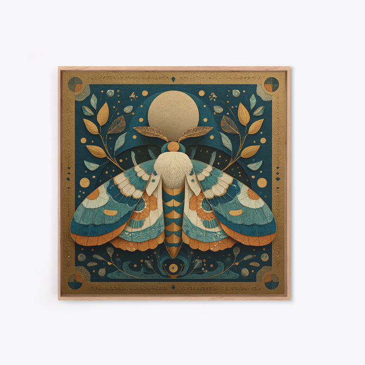 Golden Moth with Moon and Stars Framed Canvas Print, Boho Art, Wall Art, Living Room Decor, Fine Art, Bohemian, Art Deco, BOH-1x1-41