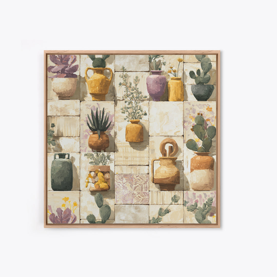 Warm Neutral Cactus Garden Illustration Framed Canvas Print, Boho Art, Wall Art Set, Living Room Decor, Fine Art, Bohemian, BOH-1x1-42