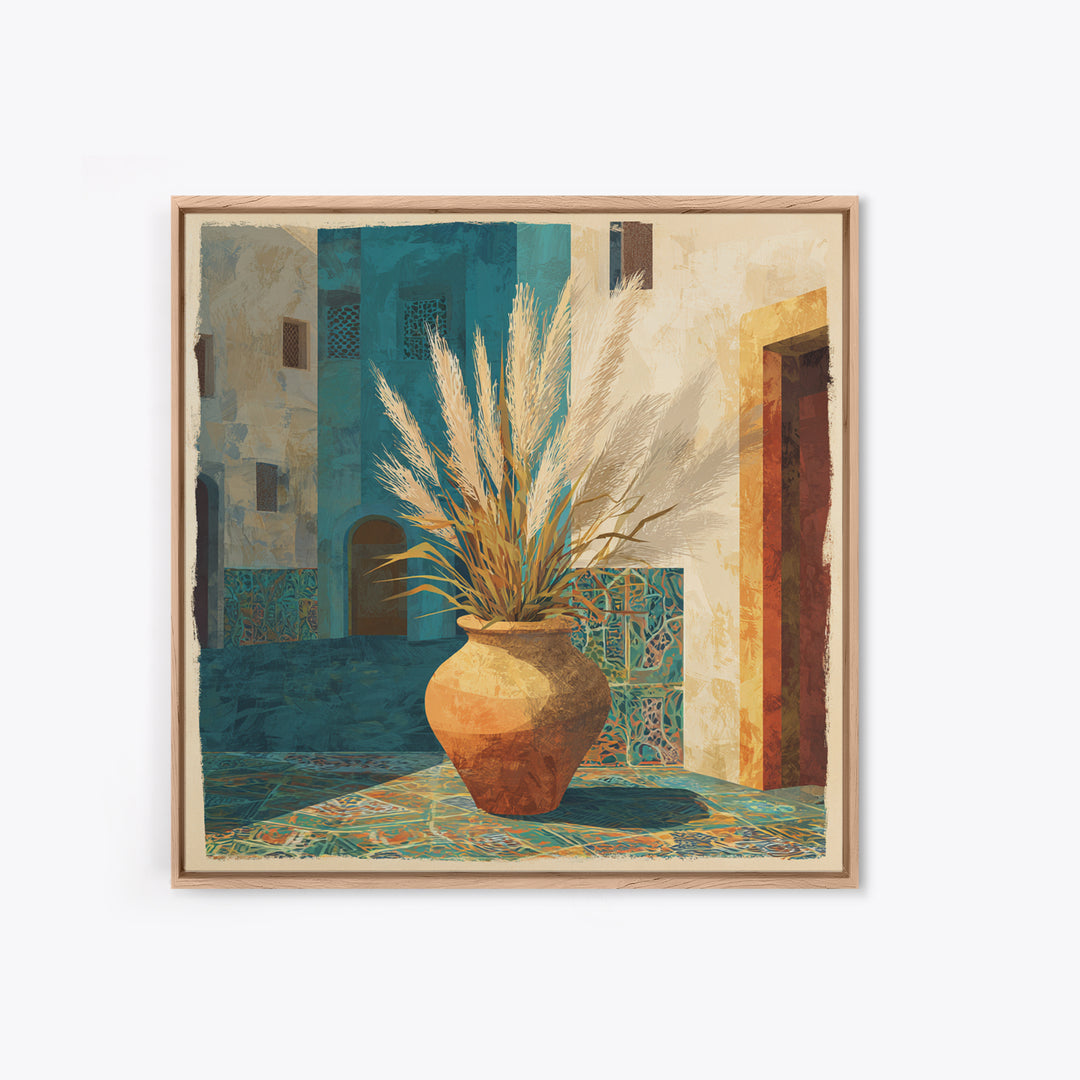 Bohemian Vase with Dried Pampas Grass Framed Canvas Print, Boho Art, Prints, Living Room Decor, Abstract Art, Bohemian, BOH-1x1-57