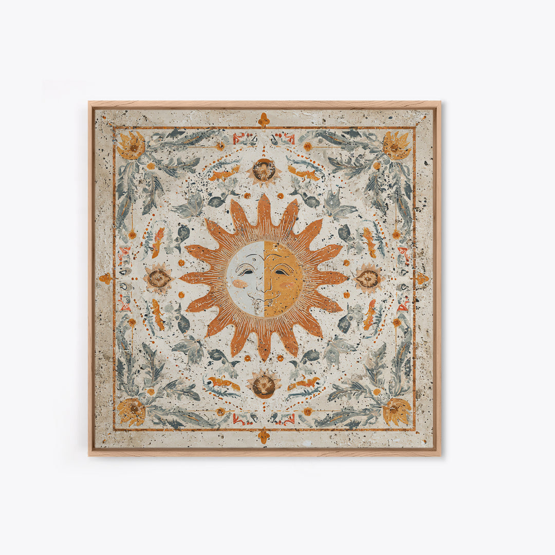Sun and Moon Celestial Folk Motif Framed Canvas Print, Boho Art, Fine Art Print, Living Room Decor, Watercolor Art, Bohemian, BOH-1x1-58
