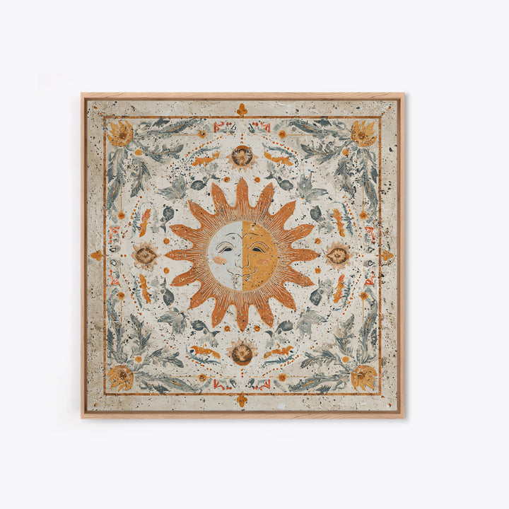 Sun and Moon Celestial Folk Motif Framed Canvas Print, Boho Art, Fine Art Print, Living Room Decor, Watercolor Art, Bohemian, BOH-1x1-58