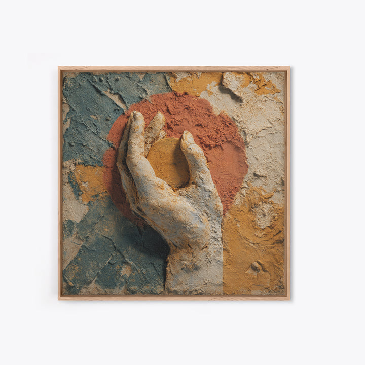 Mystic Hand Holding a Tiny Sun Framed Canvas Print, Boho Art, Living Room Wall Art, Living Room Decor, Watercolor Art, Bohemian, BOH-1x1-6
