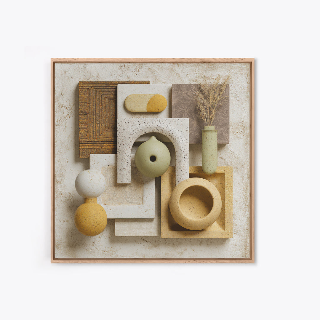 Abstract Clay Shapes Framed Canvas Print, Boho Art, Printable Art, Living Room Decor, Abstract Art, Bohemian, Neutral Decor, BOH-1x1-64