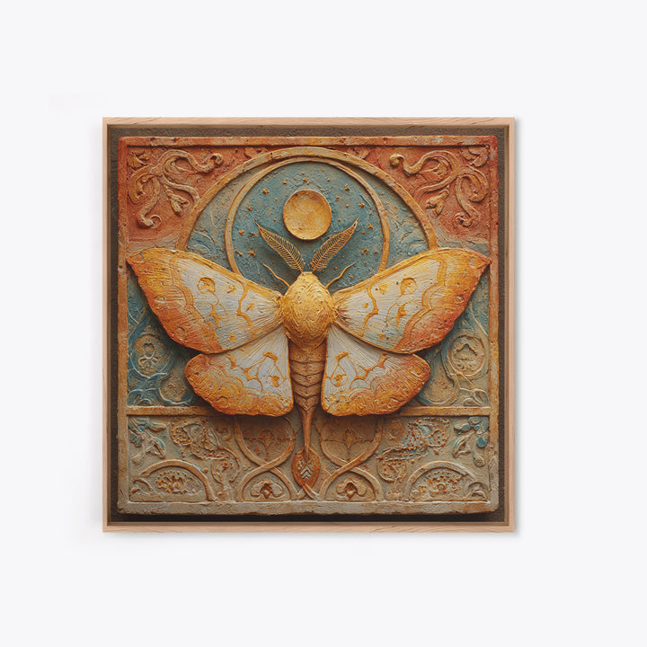 Golden Moth with Moon and Stars Framed Canvas Print, Boho Art, Wall Art, Living Room Decor, Fine Art, Bohemian, Art Deco, BOH-1x1-65